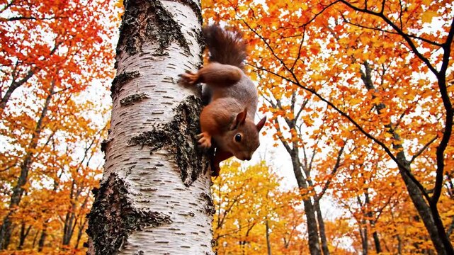 Agile Squirrel Leaps Through Autumn Forest