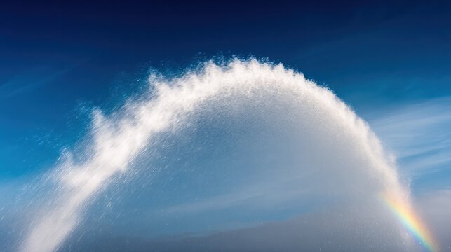 A fountain's water jet arching against a blue sky with sunlight creating glints. travel magazines, destination branding, designed for travel destination branding, drives exploration.