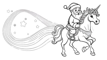 Fototapeta premium Line art illustration depicts Santa Claus riding a unicorn, trailed by a swooping ribbon of stars