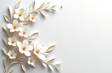 Obraz premium Delicate white paper flowers bloom on branches with subtle leaves against a plain background. This elegant floral art forms a border perfect for wedding invitations or springtime event flyers.