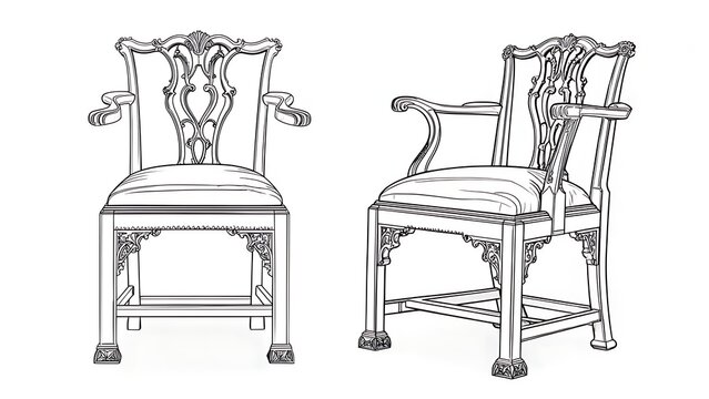Line art of two ornate, arm-supported chairs, one a front view, the other at an angle, against a white backdrop