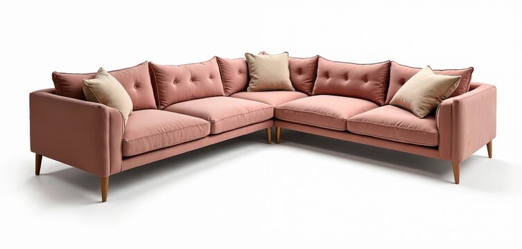 Pink sectional sofa with tufted cushions and beige accent pillows sits on a white background. Modern L shaped couch with wooden legs offers comfort and style for any living space.