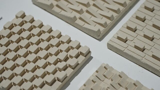 Close-up of beige ceramic relief tiles with repeating geometric textures arranged on a white surface, showcasing architectural surface prototypes and pattern variations.
