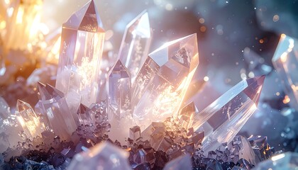 Majestic Cluster of Translucent Crystals Glowing with Warm Golden Light