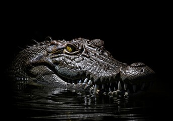 Obraz premium Dangerous crocodile predator head looking from dark water with sharp white teeth close up