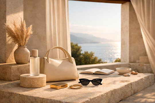 Luxury summer still life with handbag sunglasses perfume and ocean view