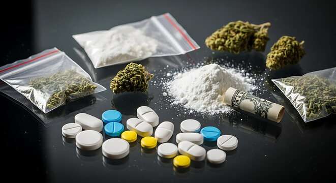 Assorted illicit substances and narcotics displayed on a dark surface with various packaging