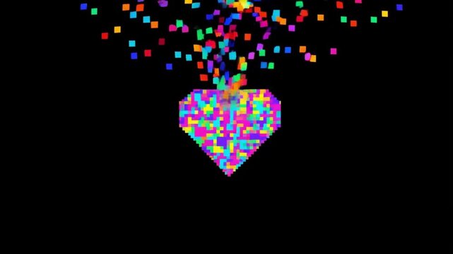 8-bit pixel art animation of pixels assembling into a beating heart and then exploding apart on a black background concept of retro digital love and playful nostalgia