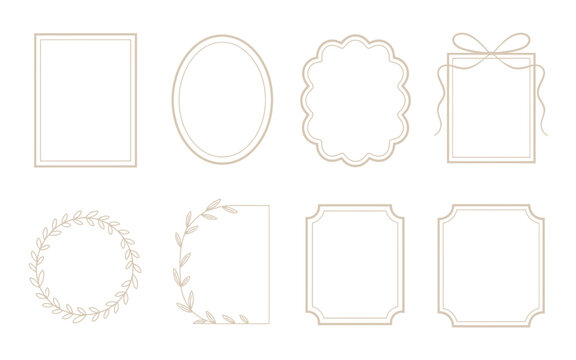 Minimal outline frames set, wedding invitation borders, oval and square shapes, laurel wreath corners, elegant stationery template, clean printable labels
