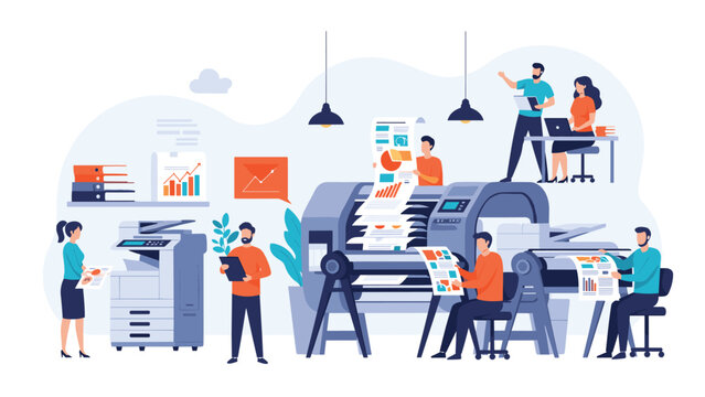 Professional team working in a printing house with large format industrial printers and digital copiers for high quality document production.