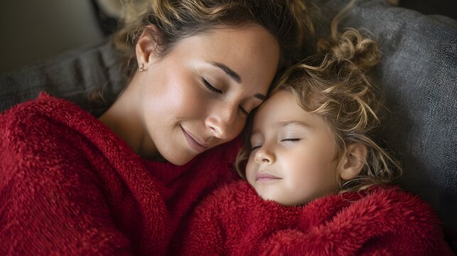 Mother and child cuddling on sofa warm lifestyle scene