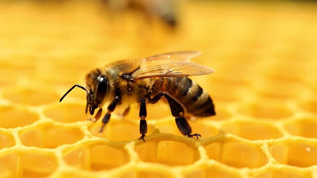 Close-up of a bee on a honeycomb, illustrating natures intricate design.