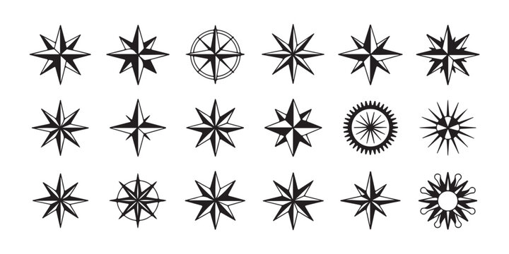 Set of starburst shapes featuring outlines, solid fills, and one design with an inner star element