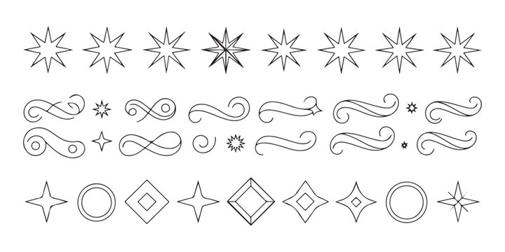 Large collection of uniformly designed black solid star shapes, arranged in rows on white background