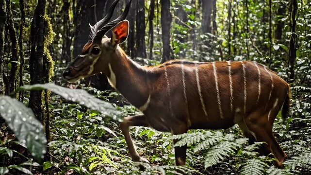 Alert Bongo Antelope Stands in Dense Jungle
