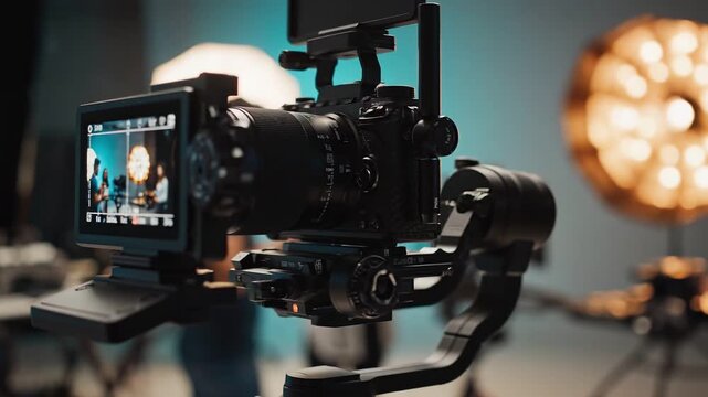 Professional cinematic camera setup in studio lighting on tripod for video film  production
