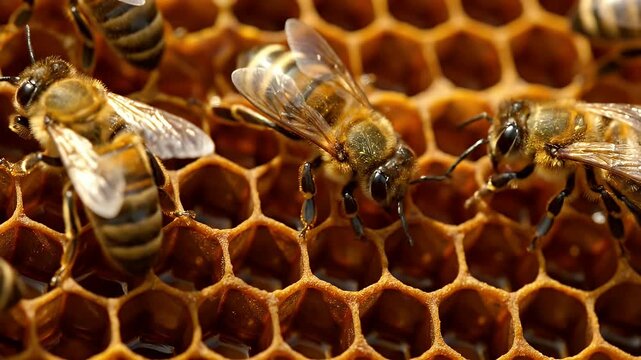 Close-up of Honey Bees Working Together on a Honeycomb Structure.