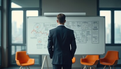 Man in suit stands before whiteboard with charts and diagrams. He faces away, presenting business strategy or plan. Room has chairs and windows overlooking city.