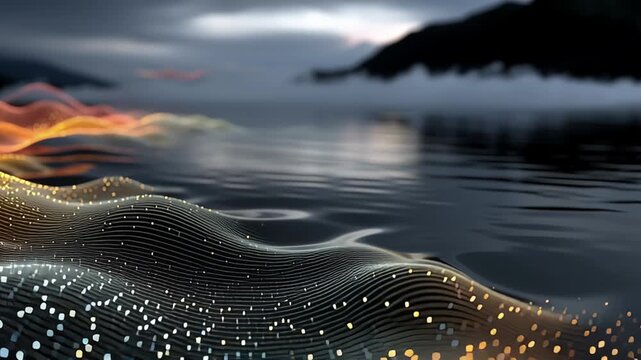Digital particle waves flowing dynamically across dark water, reflecting sunset mountain silhouette with vibrant glowing energy and abstract motion graphics