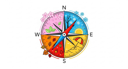 Obraz premium Seasonal compass with colorful directions and weather icons on white background