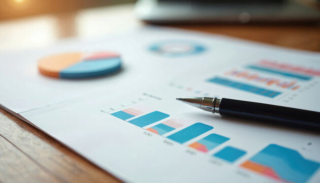 Financial reports with charts and pen on desk. Analyzing budget and data for nonprofit organization. Pie chart and bar graphs display fund distribution.