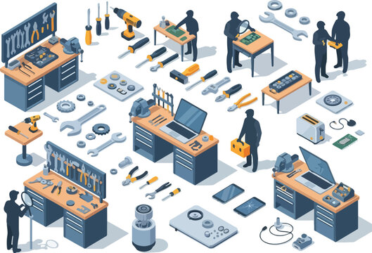 Isometric Technician Workspace Tools, Workbenches, and Figures