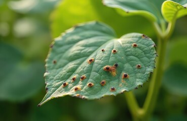 Soybean leaf shows brown Septoria spots, indicating plant disease. Close up of agriculture problem affecting crop health, with blurry green farm field background.