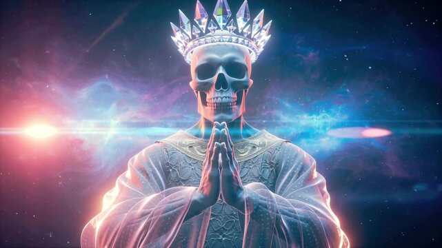 Cinematic 4K video Santa Muerte floating cosmic space, wearing crystal crown iridescent transparent robe, skeletal hands prayer, glowing mystical glyphs nebula starry background, ethereal cosmic dust
