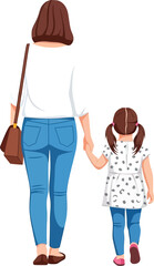 Rear view illustration of a mother and daughter walking together, holding hands, depicting a strong family bond.