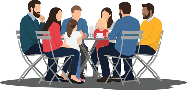 A diverse group of people, including adults and children, sitting together at a cafe table, enjoying a casual social gathering.