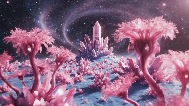 Alien Crystal Planet Landscape With Pink Flora and Starry Sky
