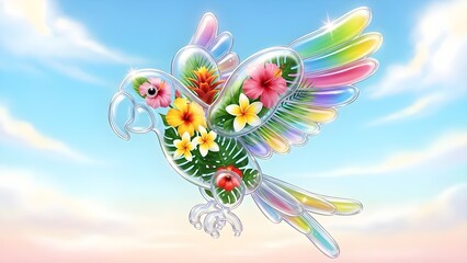 Obraz premium Transparent parrot filled with tropical flowers for vibrant summer travel and nature marketing.