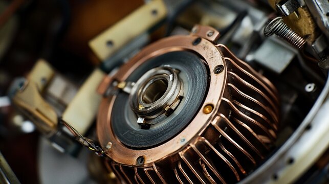 commutator. A disassembled electric motor revealing its internal copper commutator segments. product launch decks, UI/UX mockups, designed for product launches and innovation pitches.