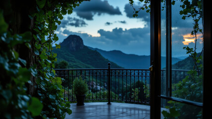 Obraz premium A balcony overlooks a lush, green mountain ridge under a dusky sky. Emerald ivy climbs the walls. A potted plant sits on the balcony, with a view extending into the distance.
