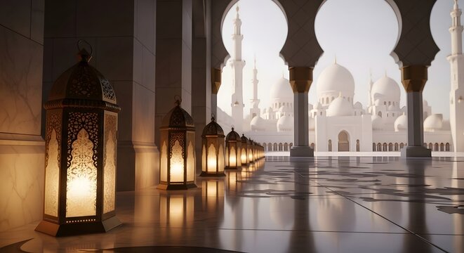 Ramadan kareem serene islamic architecture with lanterns and arches