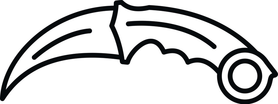 Karambit knife line art drawing with a curved blade and handle with a finger ring