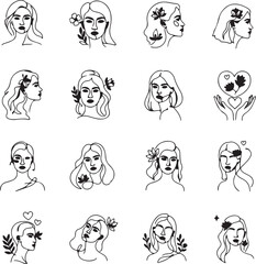 Minimalist Female Faces Line Art Vector Collection with Botanical Elements isolated PNG with Transparent Background