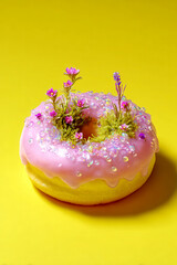 A surreal whimsical donut with tiny sugar-like crystals and delicate flower arrangement growing naturally from it. Vbrant yellow studio background. Whimsical food art, organic food concept.