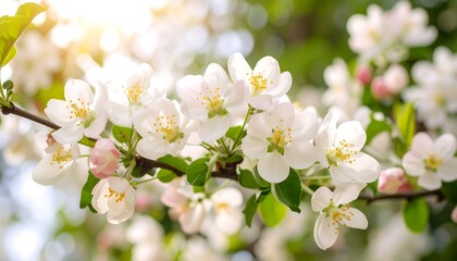 Obraz premium Sunlit branch of a blooming apple tree with delicate white flowers and pink buds in a spring garden.