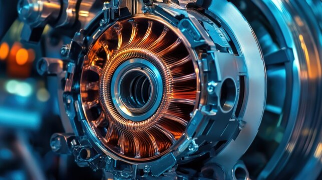 commutator. A disassembled electric motor revealing its internal copper commutator segments. product launch decks, UI/UX mockups, designed for product launches and innovation pitches.