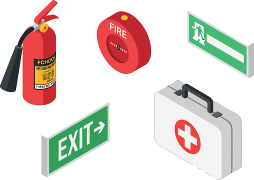 Safety Equipment Icons Fire Extinguisher, First Aid Kit & Exit Signs