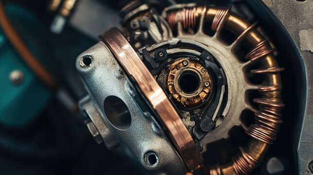 commutator. A disassembled electric motor revealing its internal copper commutator segments. product launch decks, UI/UX mockups, designed for product launches and innovation pitches.