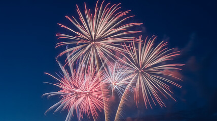 A photograph of vibrant fireworks exploding in a deep blue night sky.