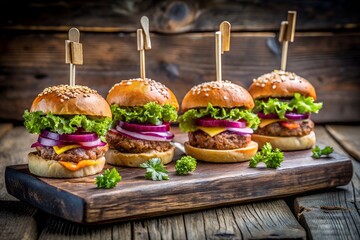 Four mini beef burgers on a wooden board with toothpicks