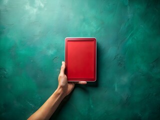 A hand holding a red book against a green background