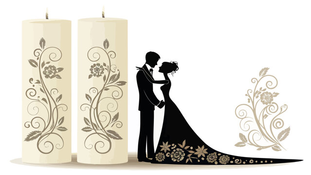 Elegant wedding unity candle silhouette with loving couple and floral decorations on white background