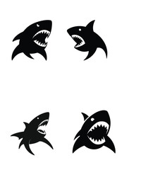Angry shark head silhouettes with open jaws and sharp teeth set of aggressive predator vector icons