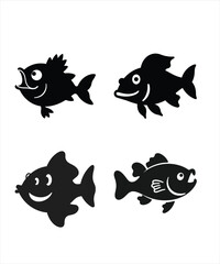 Cartoon fish character silhouettes with friendly expressions and diverse fin shapes set for children
