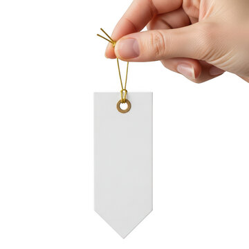 Hand holding blank price tag isolated on transparent background