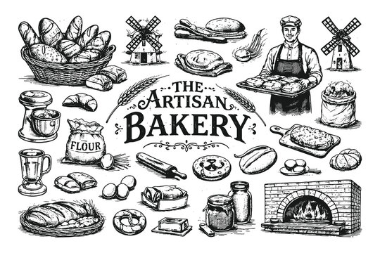 The Artisan Bakery vector set in vintage engraving style featuring a baker fresh bread loaves flour sacks oven and pastry making tools.